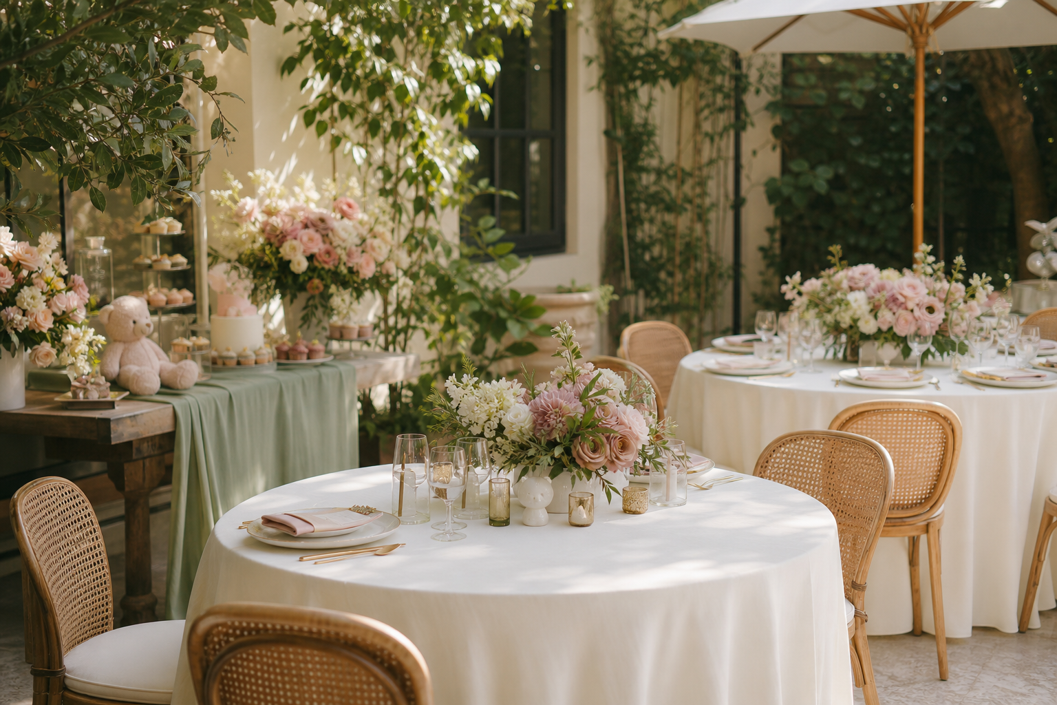 Celebration tables set with ivory linens, blush florals, and cane chairs in the garden