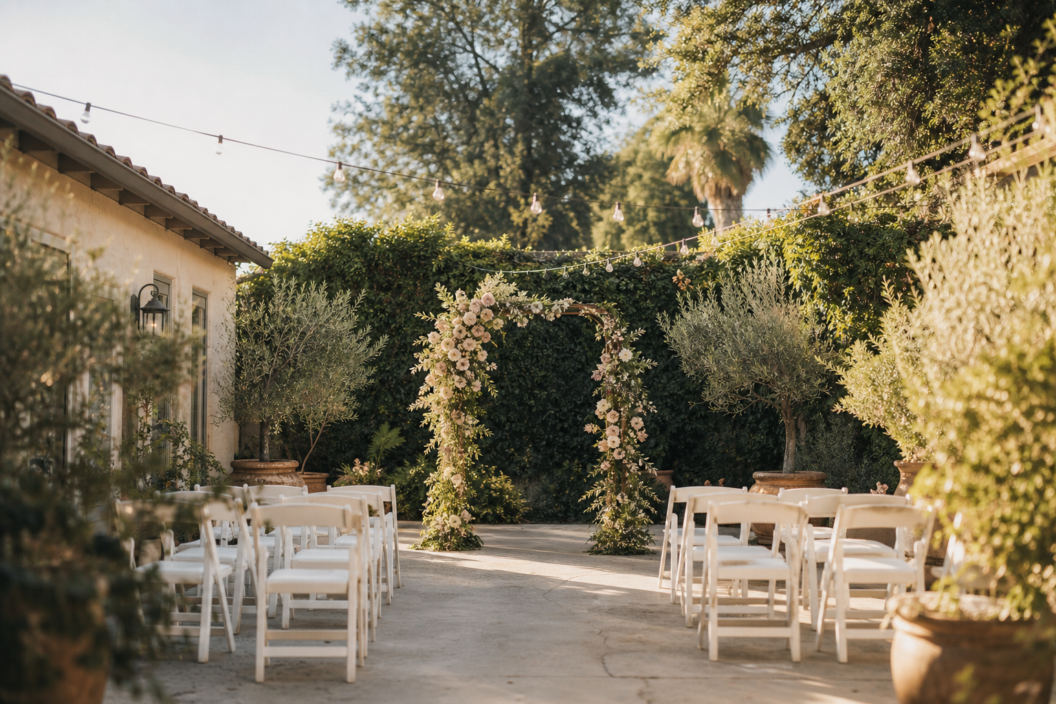 Garden ceremony with a floral arch, white folding chairs, and string lights at golden hour