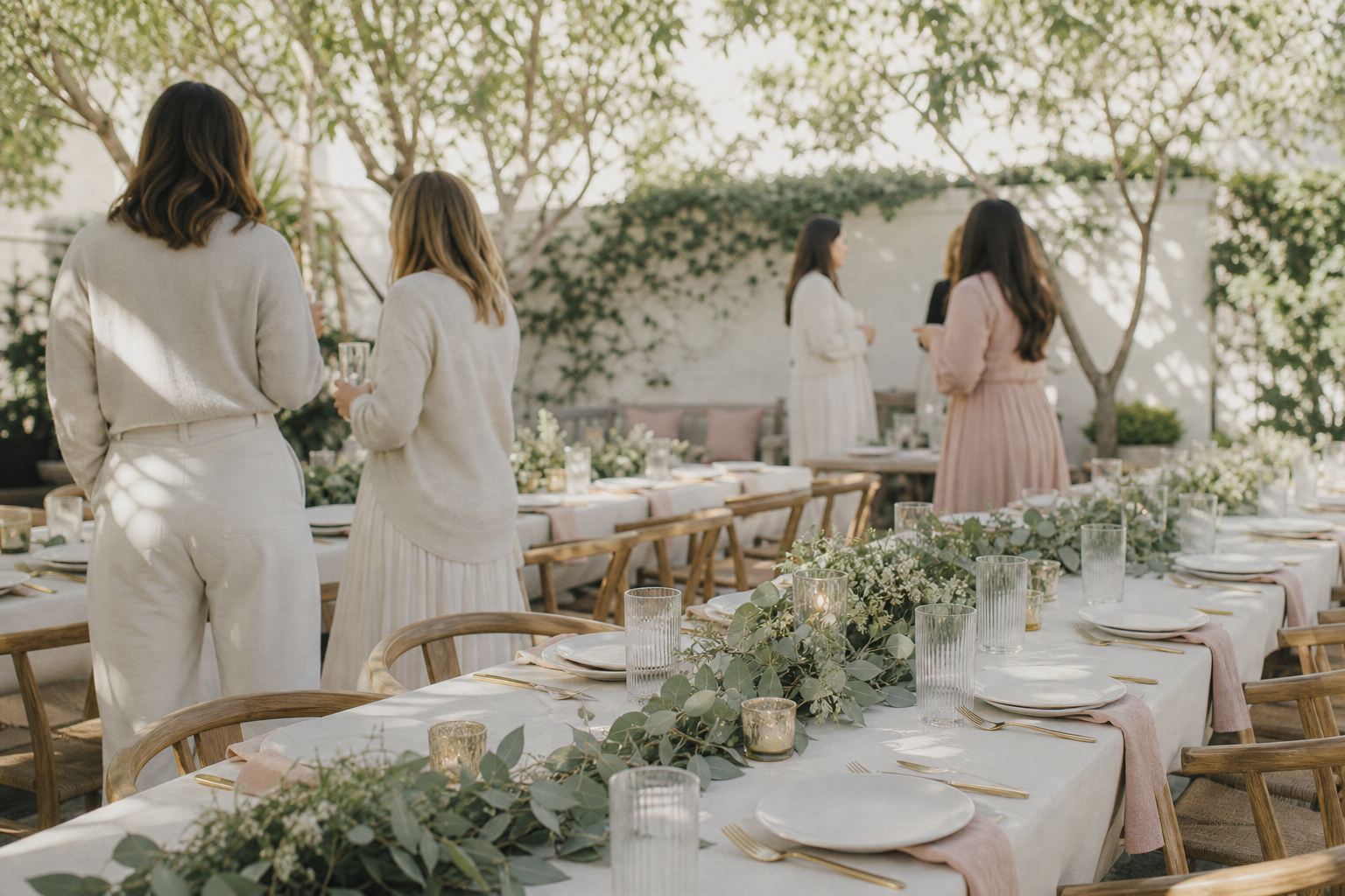 Guests gathered around a long communal garden table with eucalyptus runners