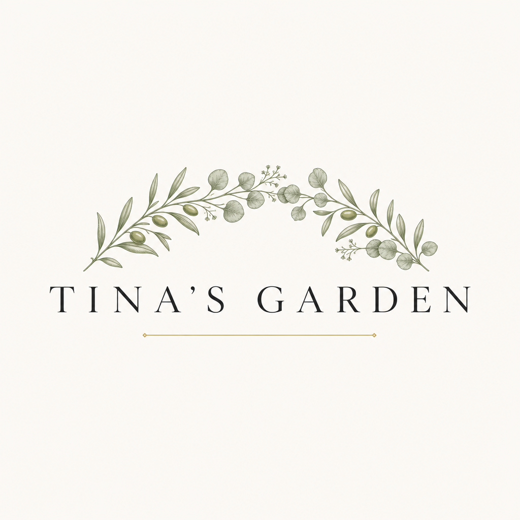 Tina's Garden logo: serif wordmark beneath a sage botanical arch