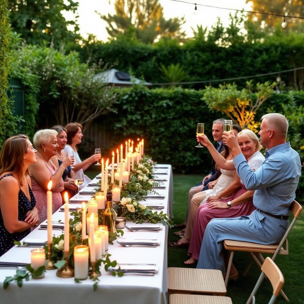 Candlelit garden dinner table with guests toasting at golden hour