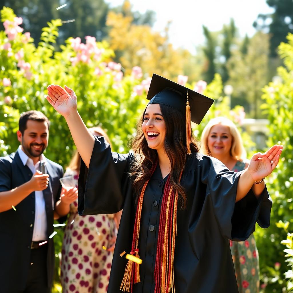 Graduate in cap and gown celebrating with family among garden greenery